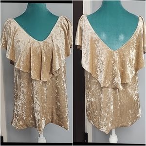 MOD on Trend Crushed Velvet Ruffle Overlay Sleeveless Top in Small Gold Tan